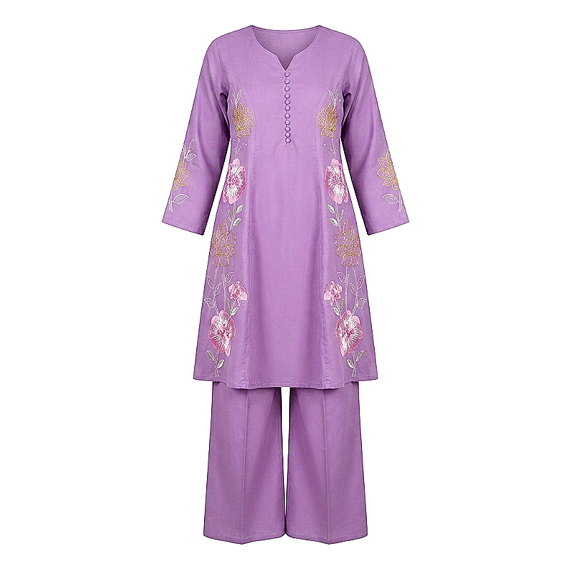 Women's Lavender Floral Embroidered A-Line Kurta Palazzo Set with Dupatta - Clothes & Appearance 1M - Image 1