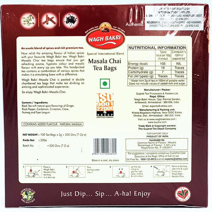 Wagh Bakri Masala Tea Bag - Sugar & Tea 200gm - Image 2