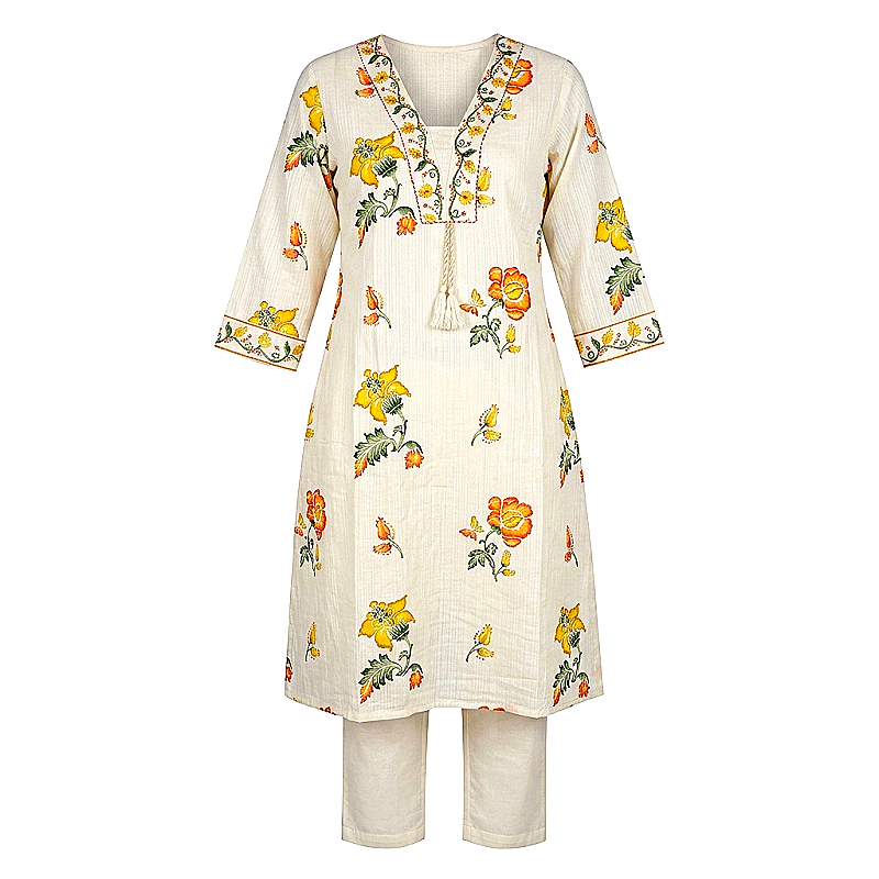 Floral Printed Cotton Kurti Pant Set | Ethnic Wear V-Neck Kurta Set with Tassels - Clothes & Appearance 1M - Image 1