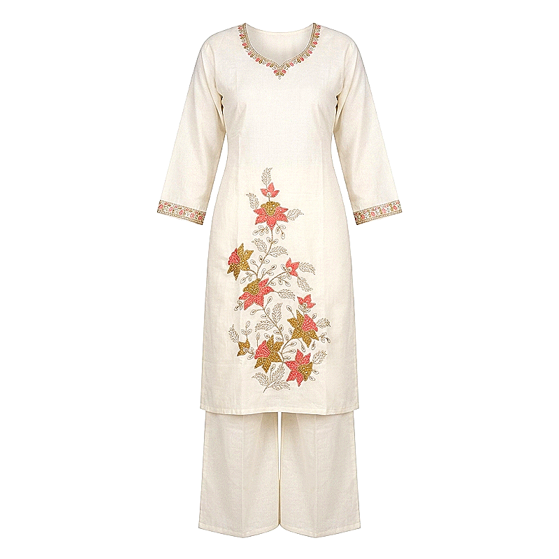 Women's Off-White Floral Embroidered Kurta Palazzo Set with Pink Dupatta - Clothes & Appearance 1M - Image 1