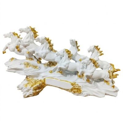 7 Running Horses Vastu Statue: Hand-Painted White & Gold Galloping Victory Horse Sculpture for Success & Prosperity