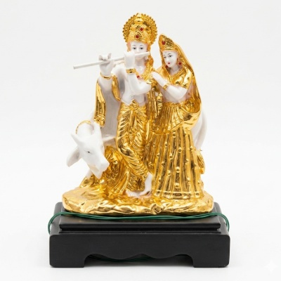 Radha Krishna with Cow Statue in Gilded Gold and Pure White