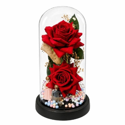 Eternal Red Roses in Glass Dome with Romantic Miniature Couple and Colorful Macaron Beads Decor