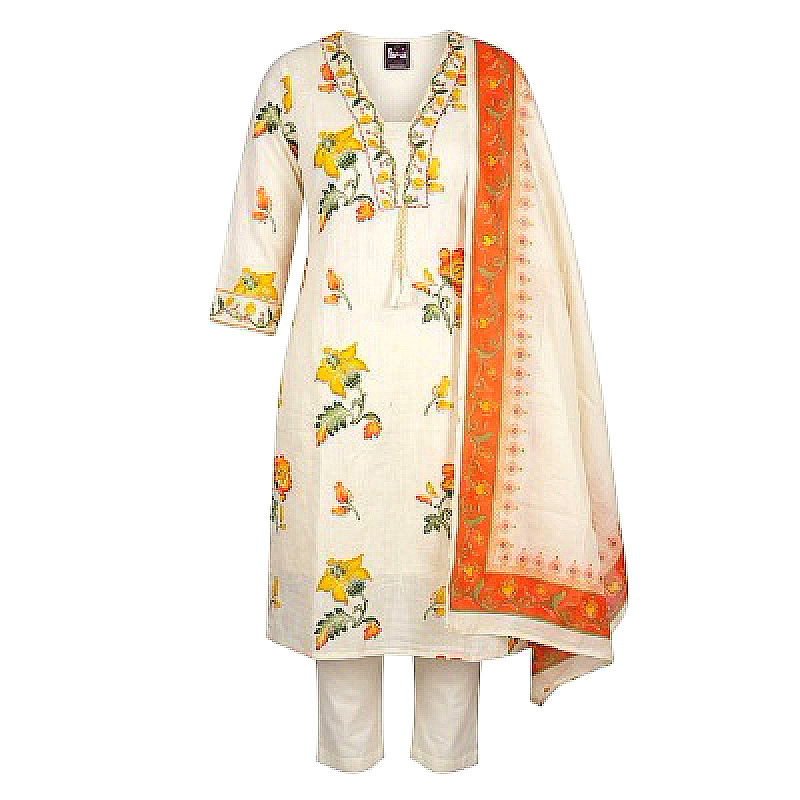 Floral Printed Cotton Kurti Pant Set | Ethnic Wear V-Neck Kurta Set with Tassels