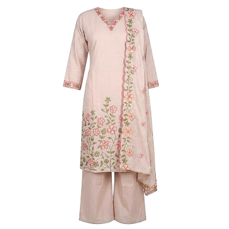 Women's Beige Floral Embroidered Cotton Kurta Palazzo Set with Dupatta