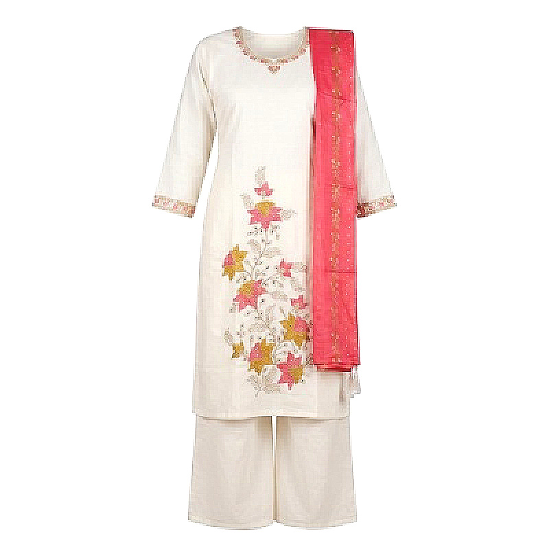 Women's Off-White Floral Embroidered Kurta Palazzo Set with Pink Dupatta