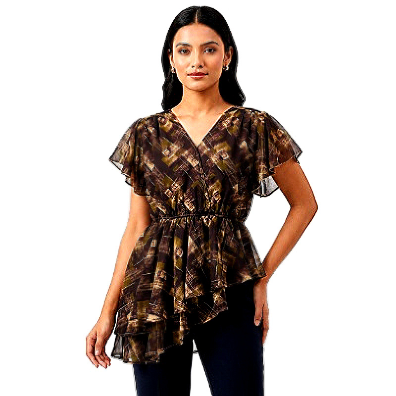 Chiffon  Asymmetric Top V-Neck Flutter Sleeve Tops