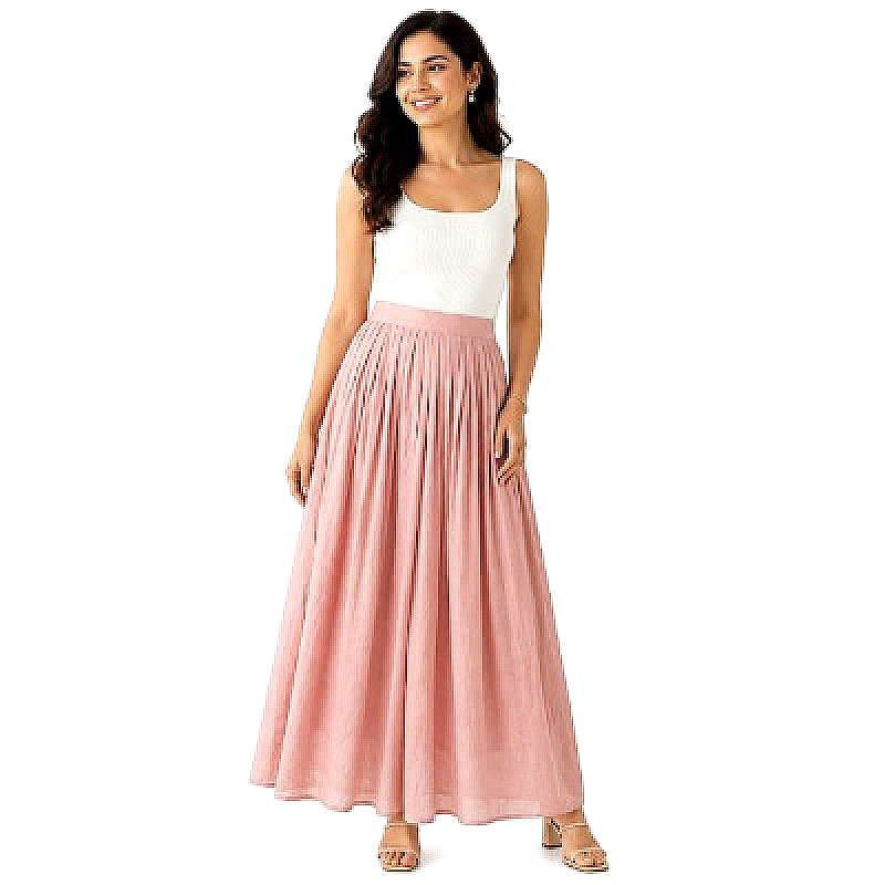 Women's Elastic High Waist Pleated Cotton Linen Maxi Skirt